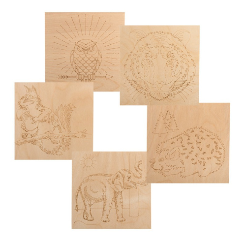картинка Доски для выжигания «Животные»,  150х150мм,  набор 5 шт.  (белка,  слон,  сова,  ежик,  тигр) пакет REXANT от магазина Сантехстрой