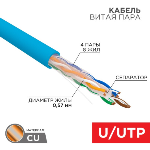 картинка Кабель витая пара U/UTP,  CAT 6, PVC,  23AWG, INDOOR, SOLID,  синий,  305 м,  REXANT от магазина Сантехстрой