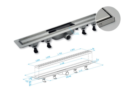картинка Пластиковый сливной канал с решеткой из нержавеющей стали и рамой 5, L=390 мм от магазина Сантехстрой