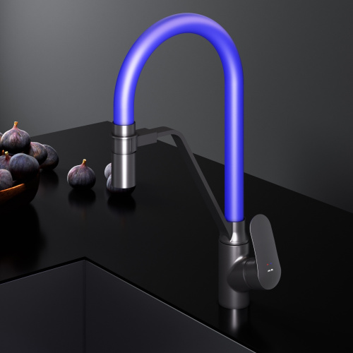 картинка f8007827 like, смеситель для кухни с каналом для питьевой воды и гибким изливом, черн., синий излив