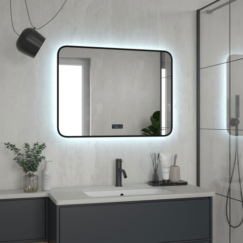 картинка Зеркало Reflection Shadow с фоновой подсветкой, сенсором, диммером, часами и подогревом 800х600 от магазина Сантехстрой
