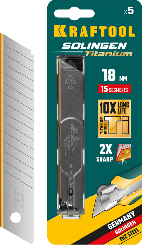 картинка KRAFTOOL SOLINGEN Titanium 18 мм лезвия сегментированные с покрытием TiN, 15 сегментов, 5 шт от магазина Сантехстрой