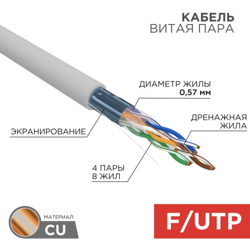 картинка Кабель витая пара F/UTP,  CAT 6, ZH нг(А)-HF,  4PR,  23AWG, INDOOR, SOLID,  серый,  305м,  REXANT от магазина Сантехстрой