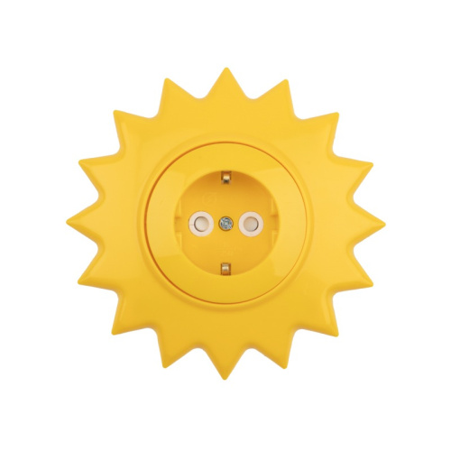 картинка Розетка одноместная KRANZ HAPPY Солнце скрытой установки с заземлением и защитными шторками,  желтая от магазина Сантехстрой