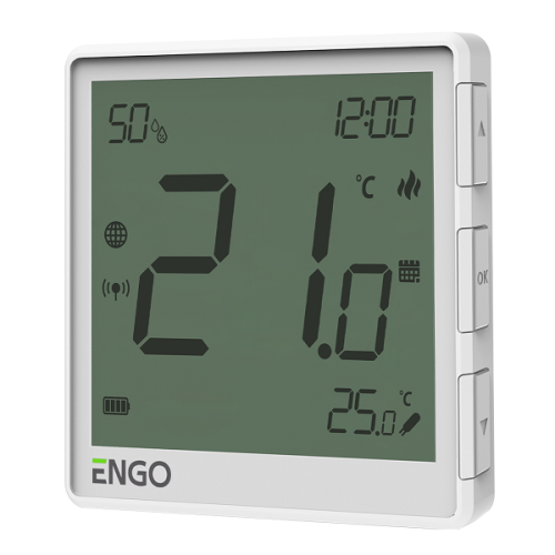 картинка Терморегулятор, ENGO, беспроводной, белый, с модулем Zigbee, с аккумулятором, со встроенным датчиком влажности,с возможностью подключения датчика пола от магазина Сантехстрой