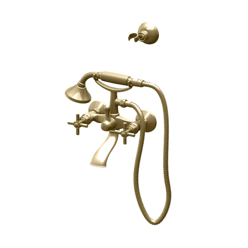 изображение gattoni trd смеситель для ванны настенный, с ручным душем и шлангом, настенный держатель, ручки paris, цвет золото 24к
