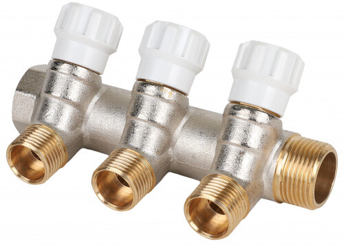 картинка Коллектор, MVI, Premium, 3/4" x 1/2"ЕК, 3 выхода, материал-латунь никелированная, с регулирующими вентилями от магазина Сантехстрой