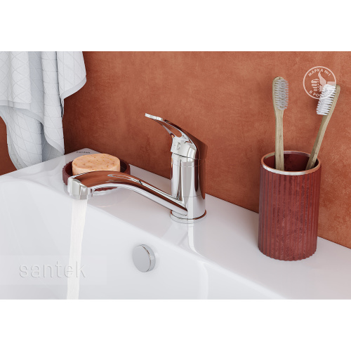 фотография смеситель для раковины santek баус с поворотным изливом, керамический картридж, хром (wh5a02110c001)