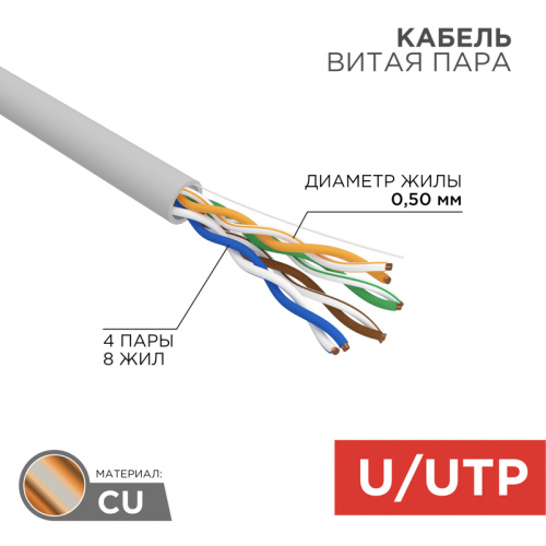 картинка Кабель витая пара U/UTP, CAT 5e, PVC нг(А)-LS, 4х2х0,52мм, 4PR, 24AWG, INDOOR, SOLID, серый, 305м, РФ REXANT от магазина Сантехстрой