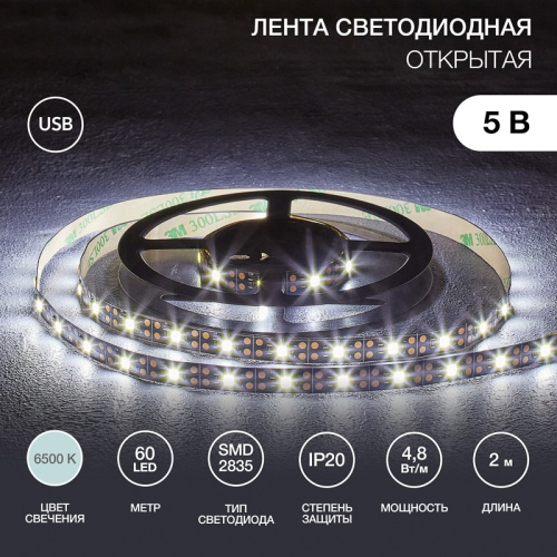 картинка Лента светодиодная 5В,  SMD2835, 4,8Вт/м,  60 LED/м,  6500K,  8мм,  2м,  с USB коннектором,  черная,  IP20 LAMPER от магазина Сантехстрой