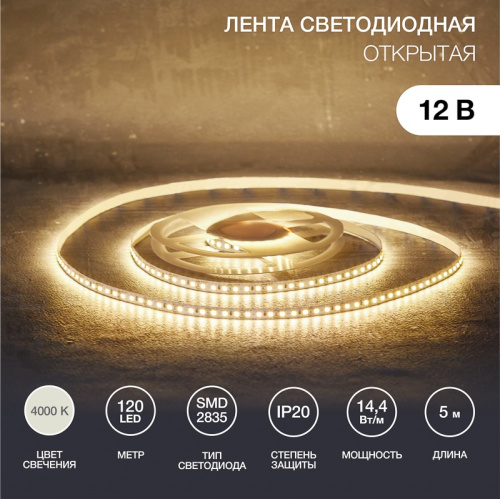 картинка Лента светодиодная 12В,  SMD2835, 14,4Вт/м,  120 LED/м,  4000K,  8мм,  5м,  IP20 REXANT от магазина Сантехстрой