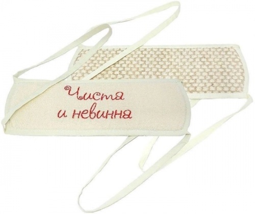 картинка Мочалка с вышивкой "Чиста и невинна", 37х11см М300 от магазина Сантехстрой