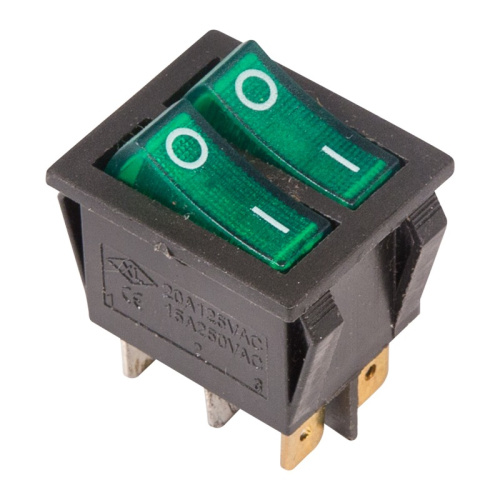 картинка Выключатель клавишный 250V 15А (6с) ON-OFF зеленый с подсветкой ДВОЙНОЙ (RWB-511, SC-797) REXANT от магазина Сантехстрой