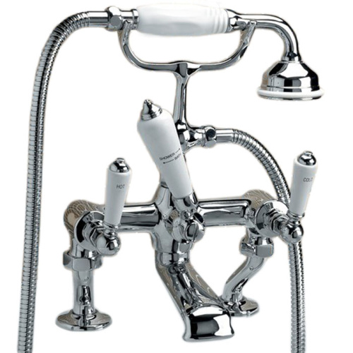 изображение devon dandy смеситель для ванны, монтаж на бортик ванны, с лейкой и шлангом, ручки белые, цвет: хром