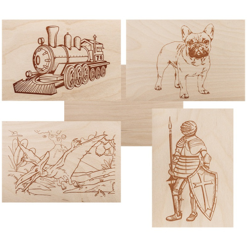 картинка Доски для выжигания «Набор №3» (воин,  динозавр,  собака,  машина,  без рисунка),  148х210мм (А5),  5 шт. ,  пакет REXANT от магазина Сантехстрой