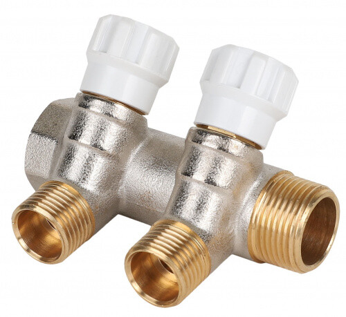 картинка Коллектор, MVI, Premium, 3/4" x 1/2"ЕК, 2 выхода, материал-латунь никелированная, с регулирующими вентилями от магазина Сантехстрой