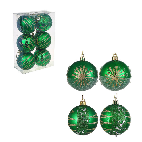 картинка СНОУ БУМ Набор шаров с декором и пайетками 6шт 6см, зеленый с золотом, 2 дизайна, пластик от магазина Сантехстрой