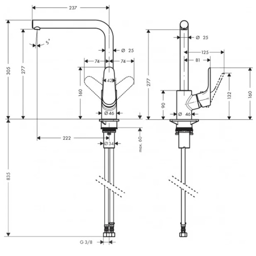 картинка hansgrohe 31817670 focus смеситель для кухни, однорычажный, с поворотным изливом, черный матовый