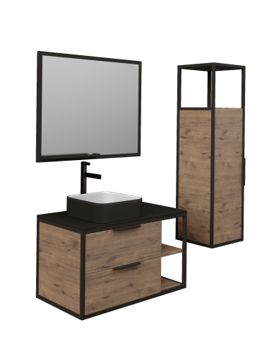 картинка Тумба под раковину подвесная "ЛОФТ-90 см" с 2-я ящ. веллингтон/металл черный (ум.Модуль-90 крыло справа) от магазина Сантехстрой