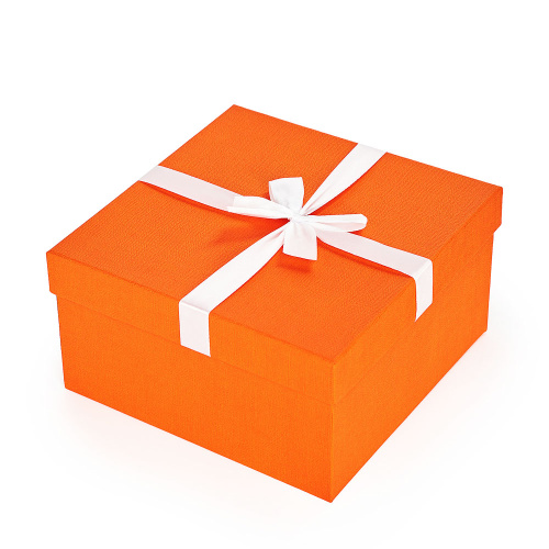картинка Рыжий Коробка для подарка, квадрат, 21х21х11см, с бантом, оранжевая дизайнерская бумага, арт.2 от магазина Сантехстрой