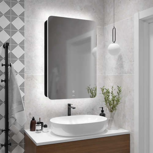 картинка Зеркало-шкаф MIXLINE "Асти" 560*850 (ШВ) правый, сенсорный выкл., светодиодная подсветка, ЧЕРНЫЙ (553158) от магазина Сантехстрой