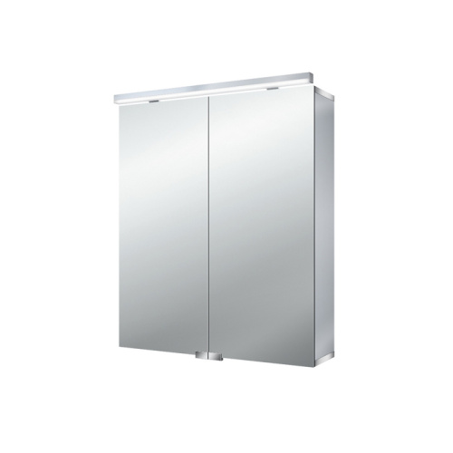 картинка EMCO Pure Зеркальный шкаф алюминиевый 600 мм., LED-подсветка, 2 двери, 2 полки, розетка, без нижней подсветки от магазина Сантехстрой