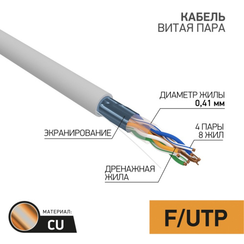 картинка Кабель витая пара, F/UTP,  CAT 5, PVC,  4PR,  26AWG, INDOOR, SOLID,  серый,  305м,  PROconnect Light от магазина Сантехстрой