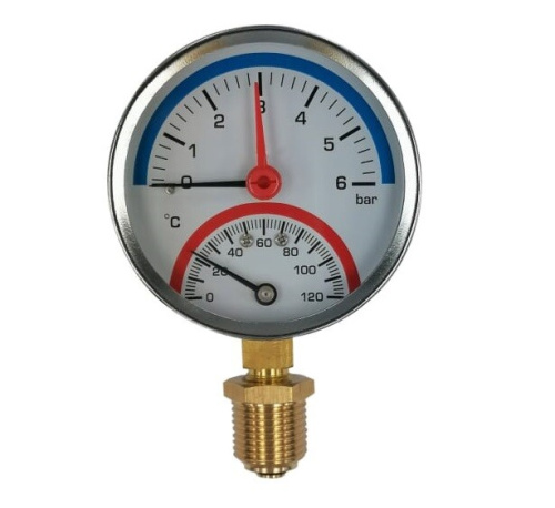 картинка Термоманометр, радиальный, D80, 1/2" Н, 6 bar (0,6 МПа), от 0°C до 120°C от магазина Сантехстрой