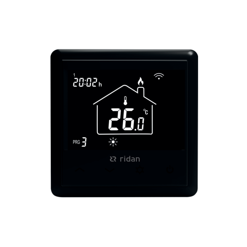 картинка Программируемый электронный комнатный термостат Ридан WT-RB 230V, черный корпус и дисплей, встр. от магазина Сантехстрой