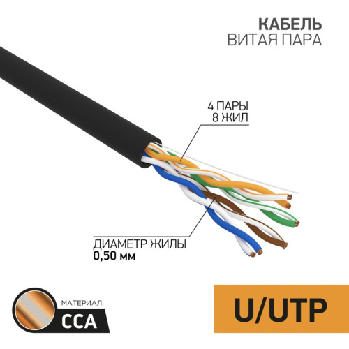 картинка Кабель витая пара омедненный, U/UTP,  CAT 5e, PE,  4PR,  24AWG, OUTDOOR, SOLID,  черный,  305 м,  PROconnect от магазина Сантехстрой