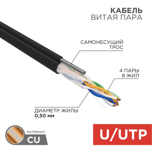 картинка Кабель витая пара U/UTP,  CAT 5e, PE,  4PR,  24AWG, OUTDOOR, SOLID,  черный,  с тросом,  305 м,  REXANT от магазина Сантехстрой