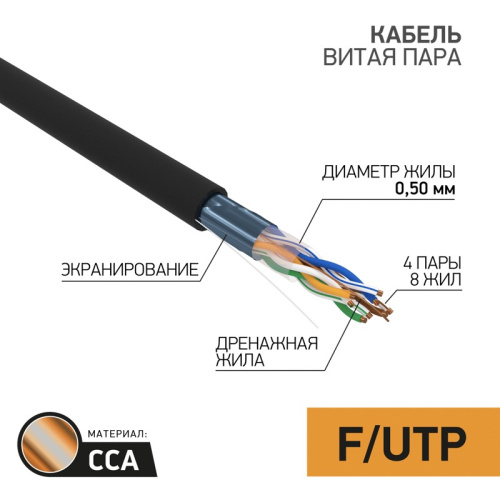 картинка Кабель витая пара омедненный, F/UTP,  CAT 5e, PE,  4PR,  24AWG, OUTDOOR, SOLID,  черный,  305 м,  PROconnect от магазина Сантехстрой