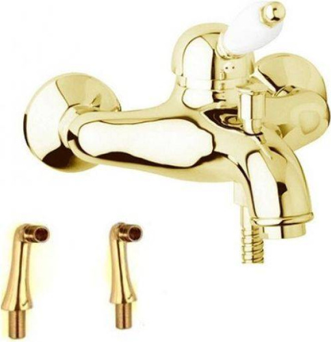 изображение смеситель cezares elite-pbvm-03/24-bi на борт ванны с ручным душем, золото 24 карат, ручка белая