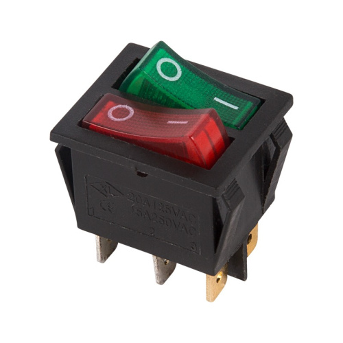 картинка Выключатель клавишный 250V 15А (6с) ON-OFF красный/зеленый с подсветкой ДВОЙНОЙ (RWB-511) REXANT от магазина Сантехстрой