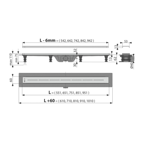 картинка Душевой лоток Alcadrain с порогами из нержавеющей стали для перфорированной решетки (APZ18-950M) от магазина Сантехстрой