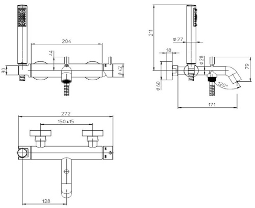 изображение смеситель для ванны bossini teo, керамический картридж, лейка zen, шланг 125 см., хром (z00723.030)