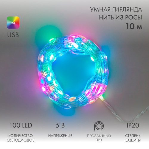 картинка Гирлянда смарт Нить из росы с крупными светодиодами 10м,  100LED RGB,  IP20, прозрачный провод,  USB от магазина Сантехстрой