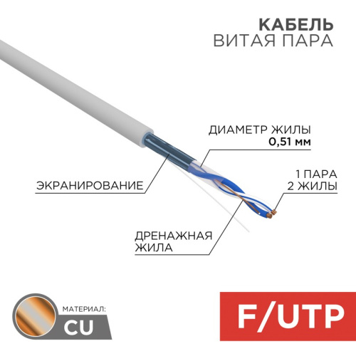 картинка Кабель витая пара F/UTP,  CAT 5e, PVC,  1PR,  24AWG, INDOOR, SOLID,  серый,  305 м,  REXANT от магазина Сантехстрой