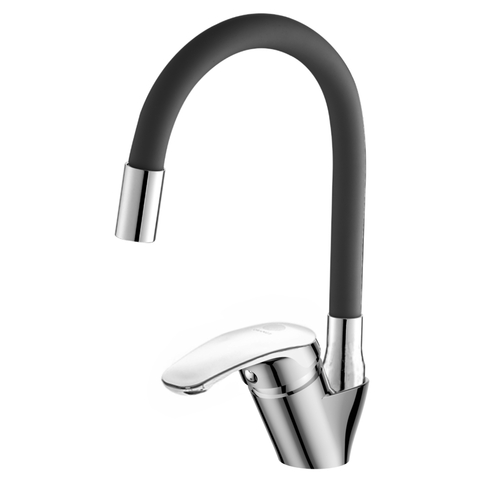 картинка onelife p11-007cr полимерный однорычажный смеситель для кухни с гибким изливом, хром/черный