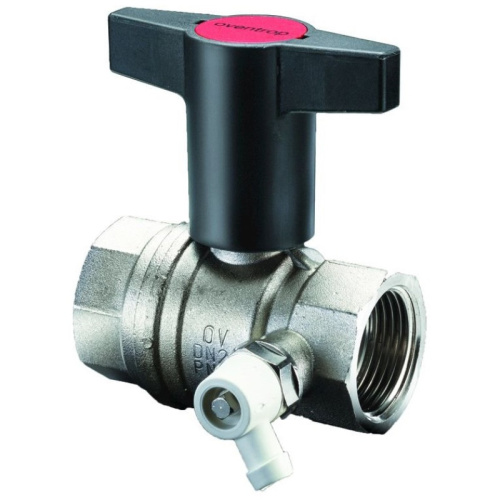 картинка Кран шаровой, Optibal, DN-20, 3/4", ВВ, PN, бар-16, ручка-пластмассовая, удлинённая антрацит, никелированный, со штуцером для слива 1/4" от магазина Сантехстрой