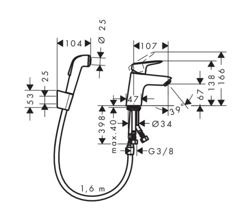 фотография смеситель для раковины hansgrohe logis 70, без сливного гарнитура, с гигиеническим душем, однорычажный, белый/хром (71290000)
