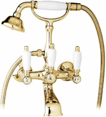 изображение смеситель cezares nostalgia-vdf-03/24-bi для ванны с ручным душем, с поворотным изливом, золото, ручки белые