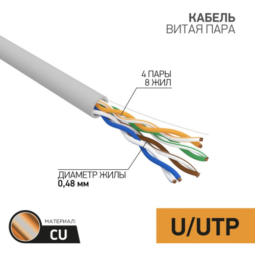 картинка Кабель витая пара U/UTP,  CAT 5e, PVC,  4PR,  24AWG, INDOOR, SOLID,  серый,  305 м,  PROconnect от магазина Сантехстрой