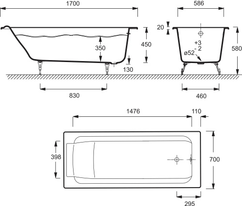 картинка Ванна чугунная Jacob Delafon PARALLEL 170х70 см без антискользящего покрытия, без отверстий для ручек, без ножек, белая (E2947-S-00) от магазина Сантехстрой