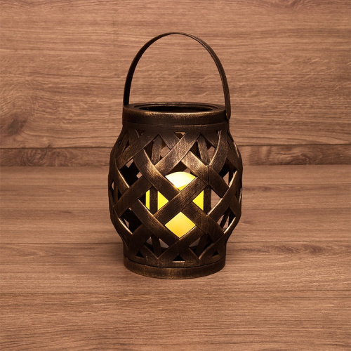 картинка Декоративный фонарь со свечкой,  плетеный корпус,  бронза,  размер 14х14х16,5 см,  цвет теплый белый от магазина Сантехстрой