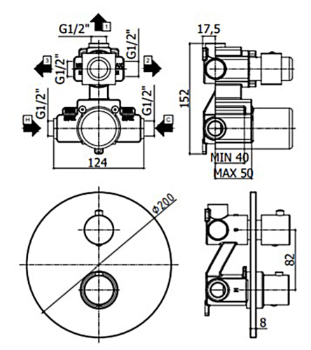 фотография смеситель для душа paffoni light термостат, встраиваемый, 3 выхода, хром (liq019cr)