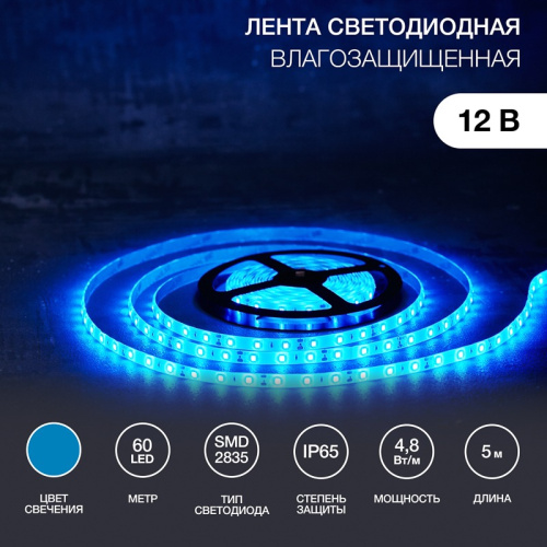 картинка Лента светодиодная 12В,  SMD2835, 60 LED/м,  синий,  8мм,  5м,  IP65 LAMPER от магазина Сантехстрой
