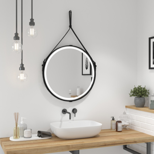 картинка Зеркало Reflection Skin с LED подсветкой, сенсором, на ремне из натуральной кожи черного цвета D650 от магазина Сантехстрой