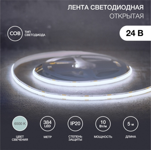 картинка Лента светодиодная 24В,  COB 10Вт/м,  384 LED/м,  6500K,  8мм,  5м,  IP20 REXANT от магазина Сантехстрой