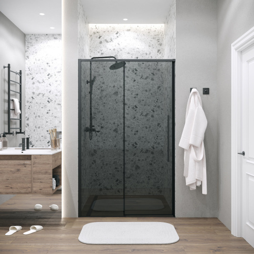 картинка Дверь в нишу 100.K33.01.140.21.10 Galaxy (140*195) черный матовый, стекло тонированное, 1 место от магазина Сантехстрой